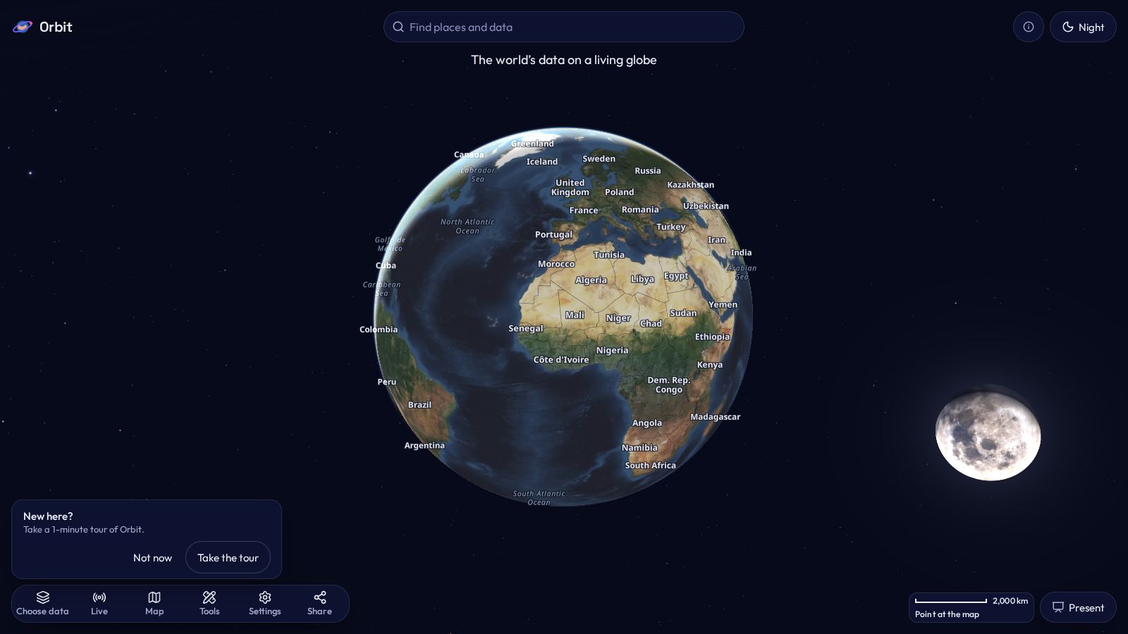 Orbit: a 3D globe of world data with a search bar, the Moon and a layer menu